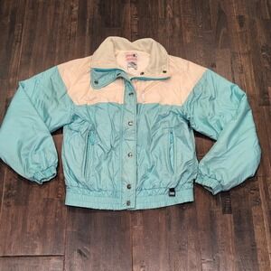 Vintage Spyder Entrant Women Small Ski Jacket Belted Teal Cream Puffer Japan 80s